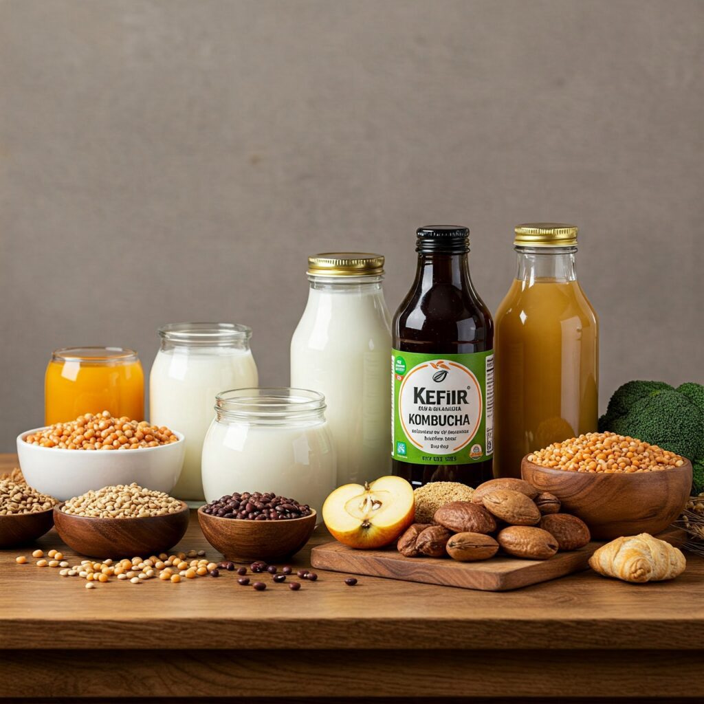  imagem, com kefir chucrute kombucha e outros ilustra os diferentes tipos de alimentos funcionais