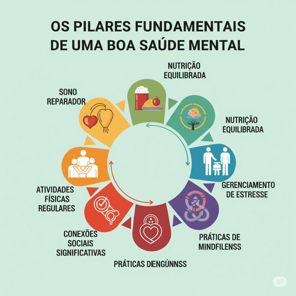 "Pilares da saúde mental: bem-estar, equilíbrio e autocuidado."