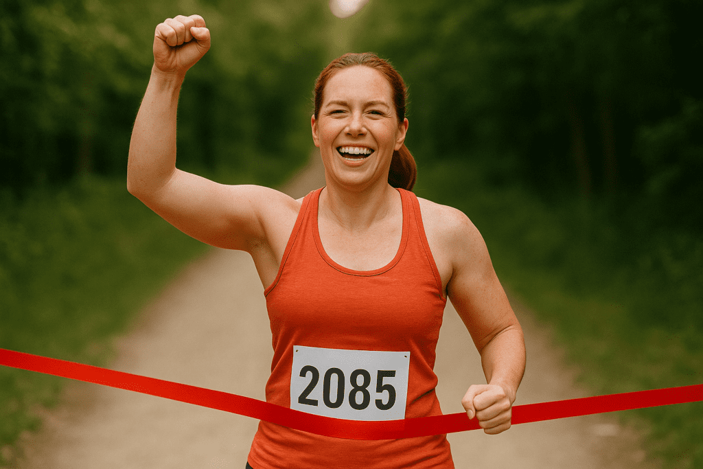mulher comemorando a chegada da corrida muito feliz saúde mental e exercícios 
