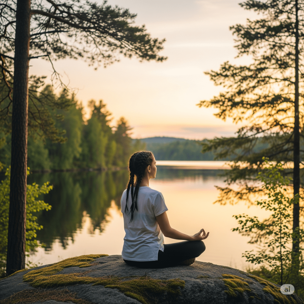 "Meditação mindfulness ao ar livre: mulher meditando em frente a um lago sereno ao pôr do sol para bem-estar e consciência."