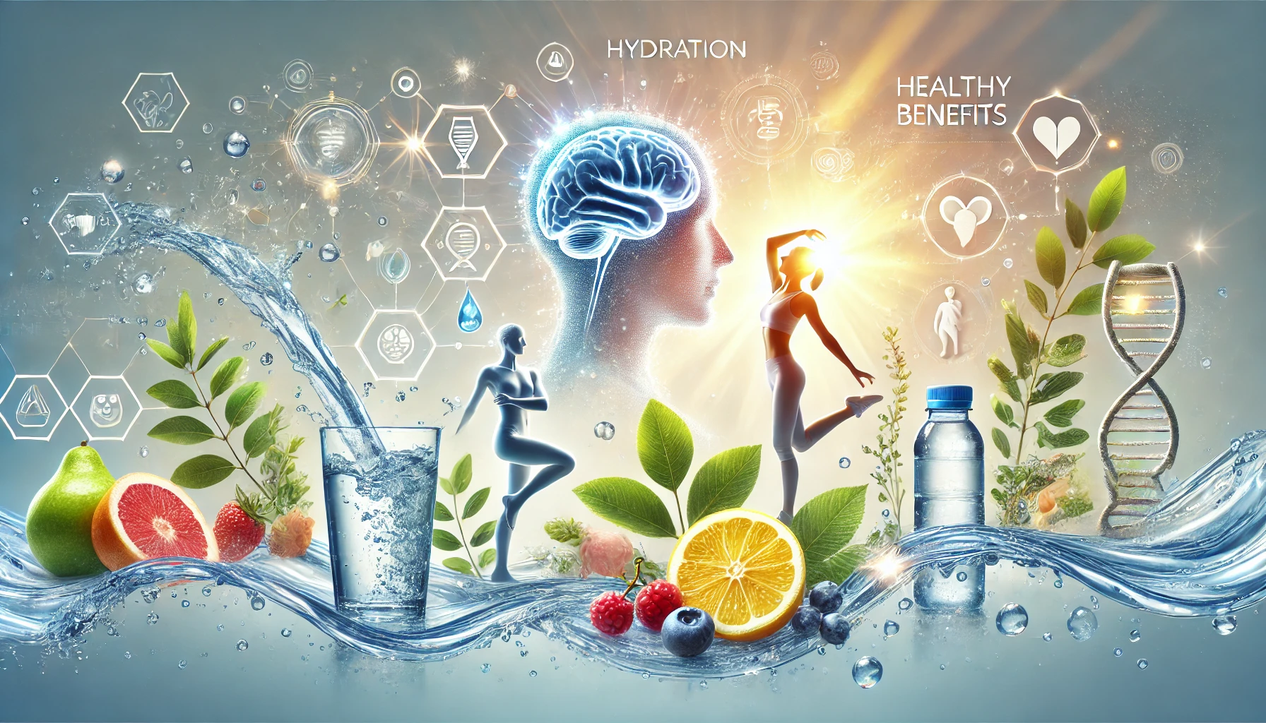 uma mulher ao lado de frutas e copos de agua A Importância da Hidratação