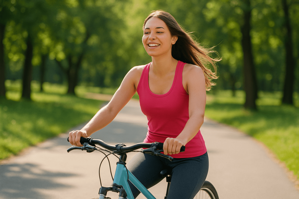 uma mulher praticando uma atividade física prazerosa andar de bicicleta em um parque Emagrecimento Sustentável