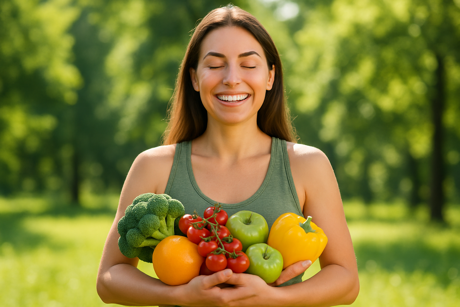 uma mulher sorrindo enquanto segura uma variedade de frutas e vegetais frescos em um ambiente ensolarado em meio à natureza Emagrecimento Sustentável