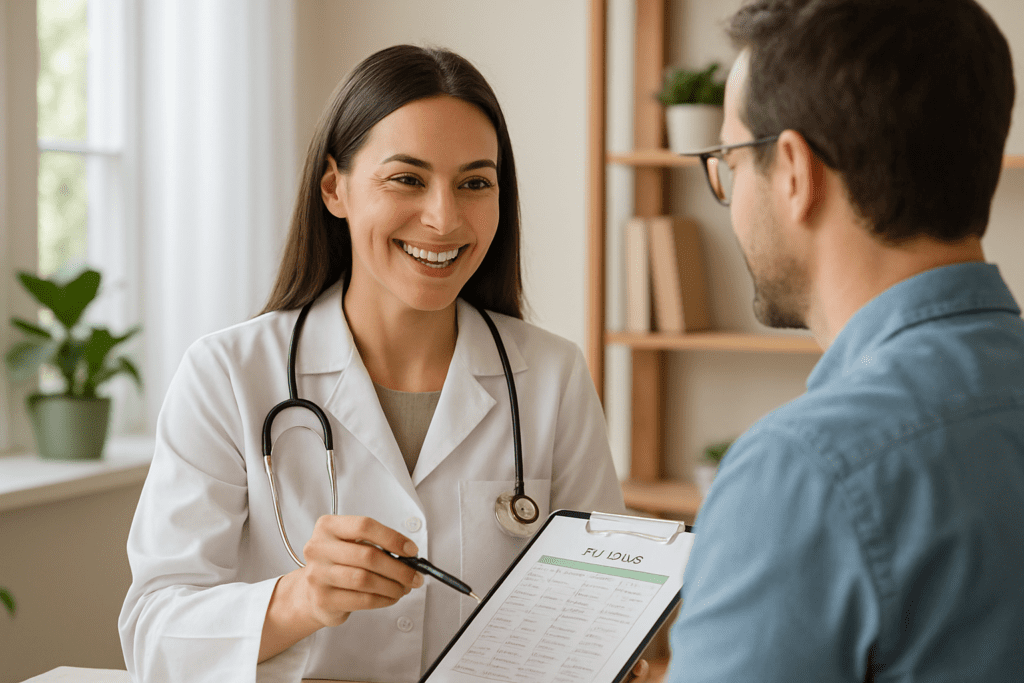uma nutricionista sorrindo e interagindo com um paciente talvez mostrando um plano alimentar oferecendo orientações