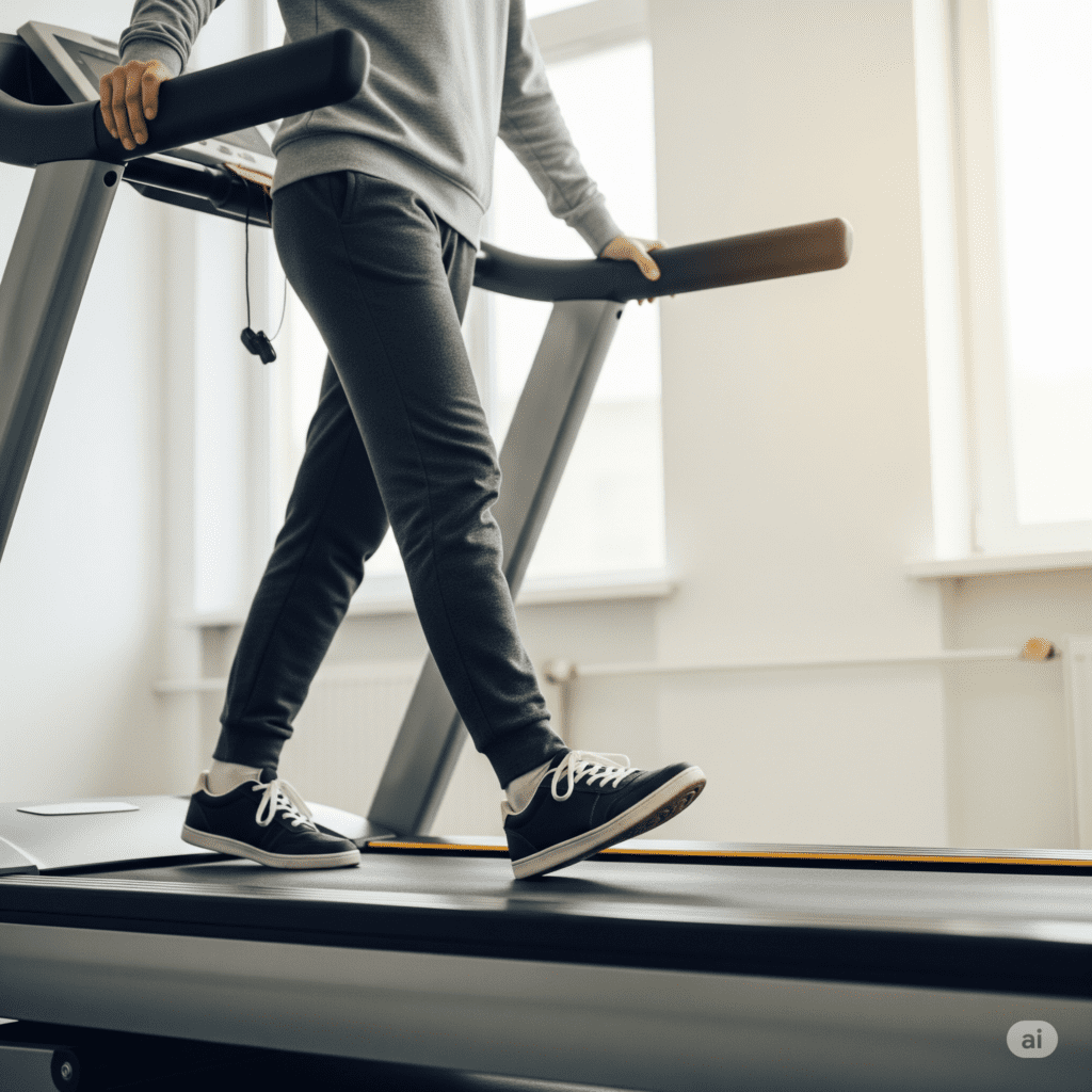 uma pessoa a dar o primeiro passo numa passadeira, simbolizando a importância de começar pequeno para superar a barreira inicial para o exercício