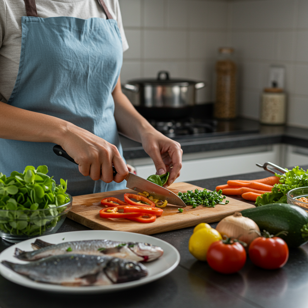 uma pessoa preparando uma refeição saudável em uma cozinha