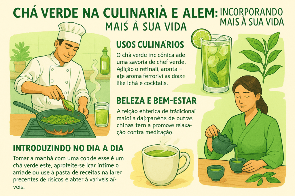 usos do chá verde na culinária, beleza e bem-estar, com destaque para receitas, benefícios e formas de incorporá-lo ao dia a dia.