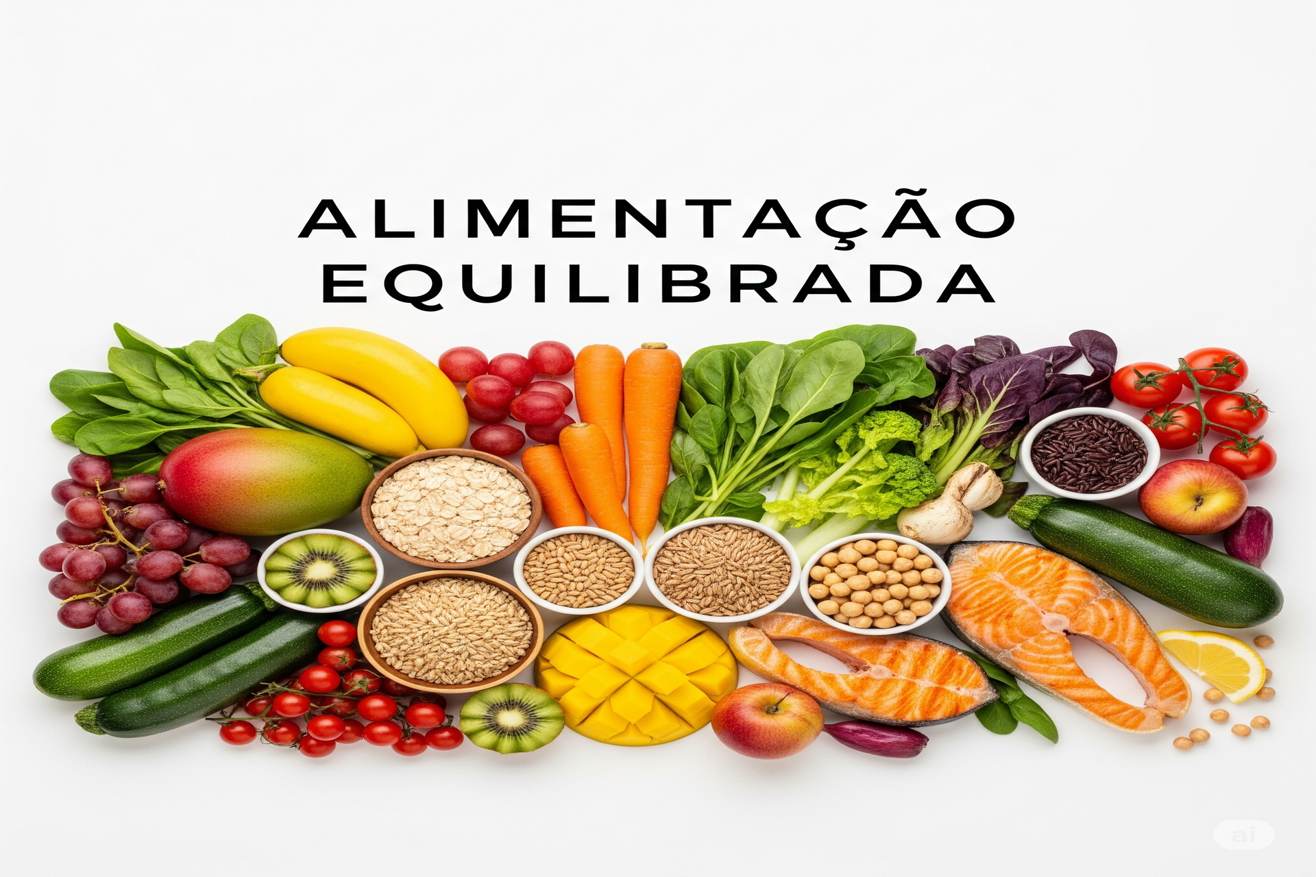 Alimentação Equilibrada Prato colorido com frutas, vegetais, grãos e proteínas para uma vida saudável e bem-estar