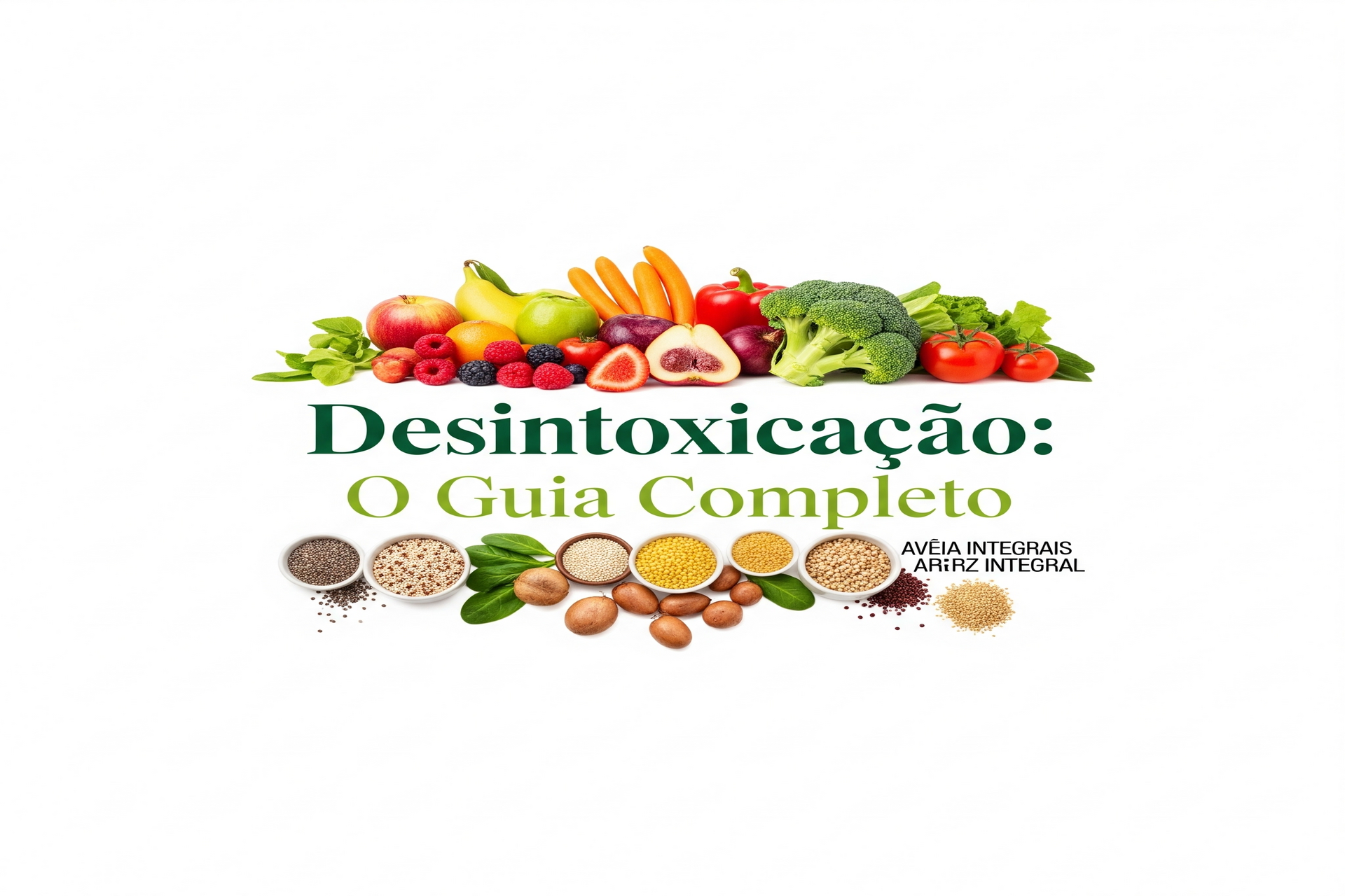 (Descritiva e Otimizada) Alimentos saudáveis e coloridos (frutas, vegetais, grãos integrais) com o título 'Desintoxicação O Guia Completo