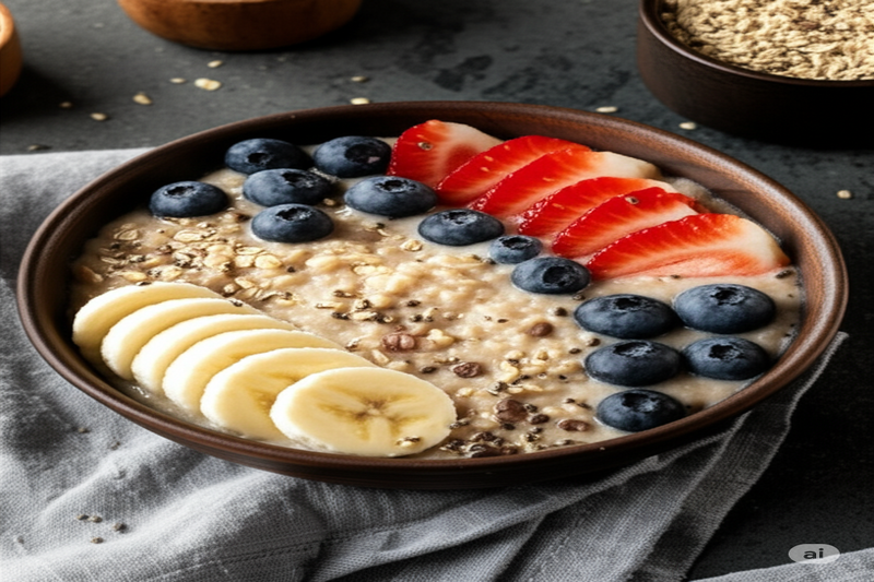 Diversas opções criativas de mingau de aveia cremoso e saudável em uma tigela, incluindo frutas frescas como morangos, mirtilos e bananas, ilustrando receitas saborosas e nutritivas.