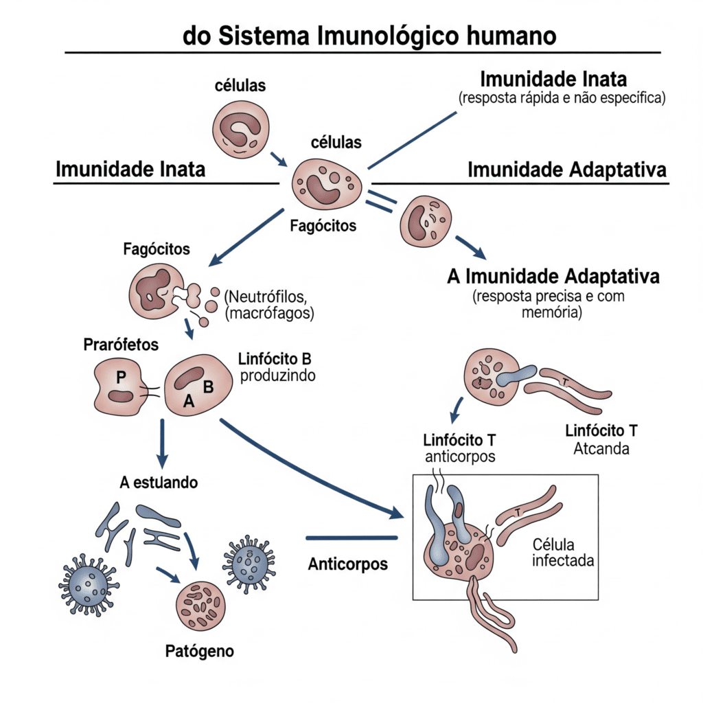 Entenda o sistema imunológico diagrama da defesa natural inata e adaptativa do corpo.