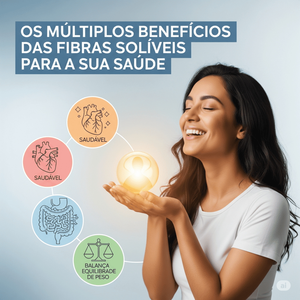 Variedade de alimentos ricos em fibras solúveis como maçãs, aveia, brócolis, lentilhas e sementes de chia dispostos em uma mesa rústica
