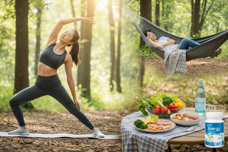 Estilo de vida saudável com exercícios, descanso, alimentação nutritiva e suplementos para energia