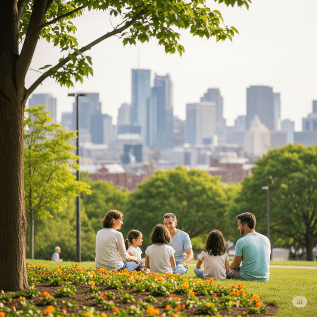 Família feliz em parque com cidade ao fundo, simbolizando qualidade de vida e bem-estar. 