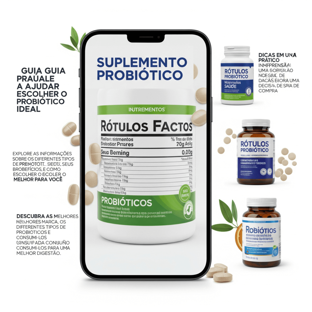 Guia visual para te ajudar a escolher o suplemento probiótico ideal, destacando o que procurar em rótulos e informações para sua saúde.