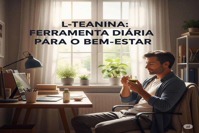 Homem calmo bebendo chá ou suplemento em seu escritório, com o texto 'L-Teanina Ferramenta Diária para o Bem-Estar