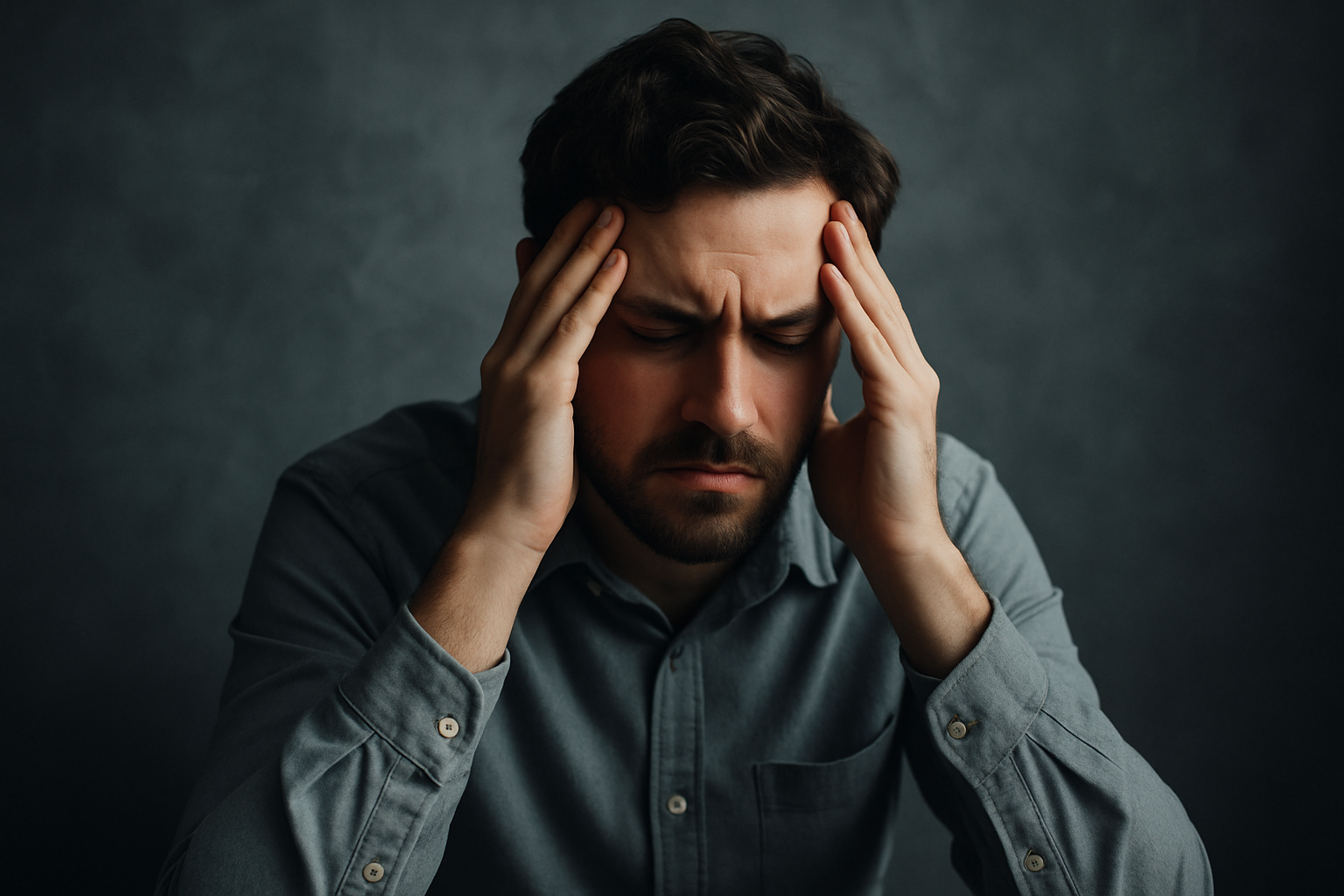 Homem pensativo com expressão de estresse segurando a cabeça, representando o impacto dos pensamentos negativos na saúde mental, em fundo escuro