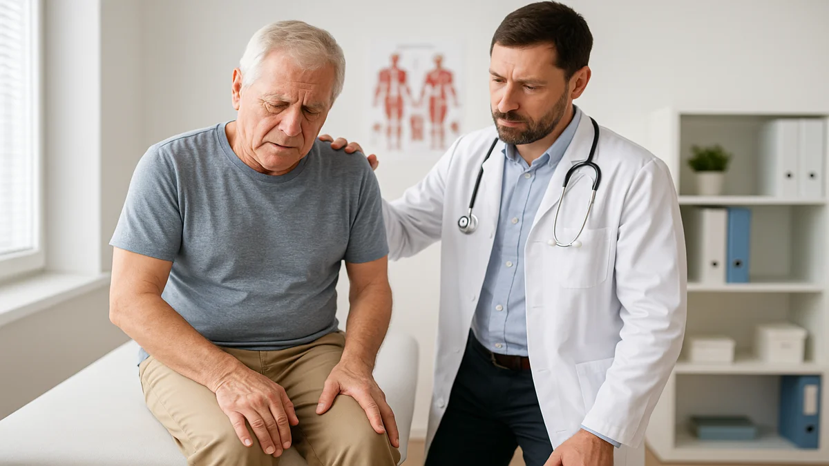 Idoso com fraqueza muscular na perna sendo avaliado por médico em consultório, imagem realista ilustrando o tema Fraqueza Muscular