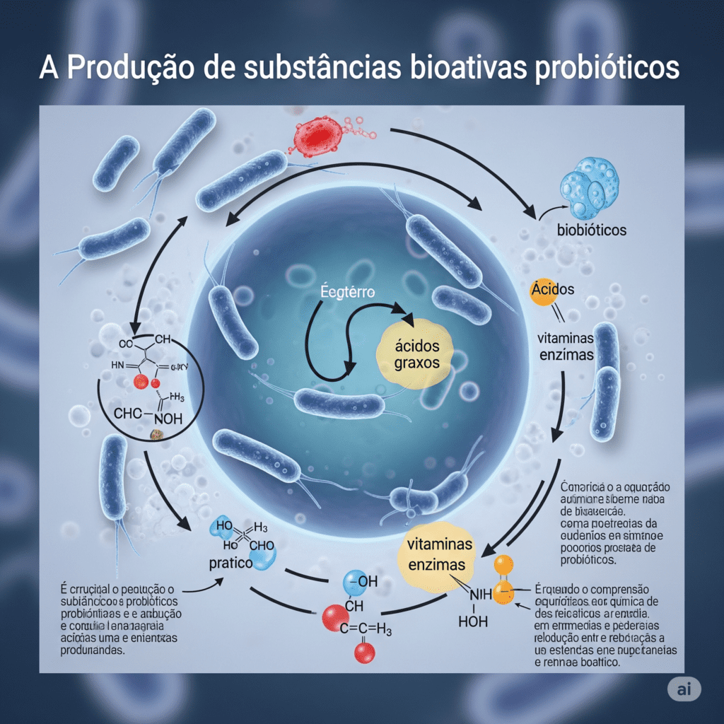 Ilustração científica em português do Brasil sobre a química dos probióticos, mostrando como eles produzem substâncias bioativas como ácidos graxos, vitaminas e enzimas.