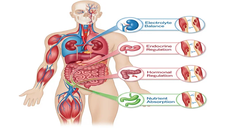 Ilustração do corpo humano destacando funções como absorção de nutrientes, regulação hormonal, endócrina e equilíbrio eletrolítico, relacionadas à fraqueza muscular.
