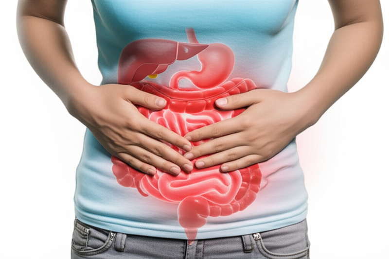 Ilustração do sistema digestivo com foco no intestino, representando as abordagens para o tratamento e recuperação da diarreia