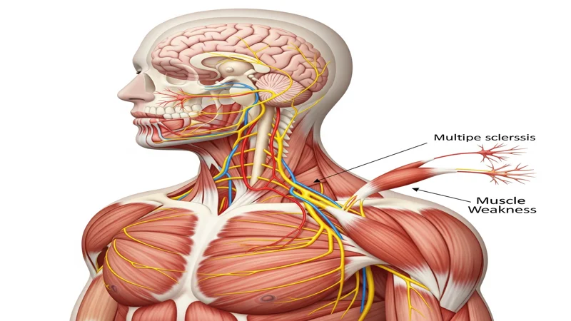 Ilustração médica mostrando fraqueza muscular de origem neurológica, com destaque para nervos conectando cérebro e músculos, relacionada à esclerose múltipla