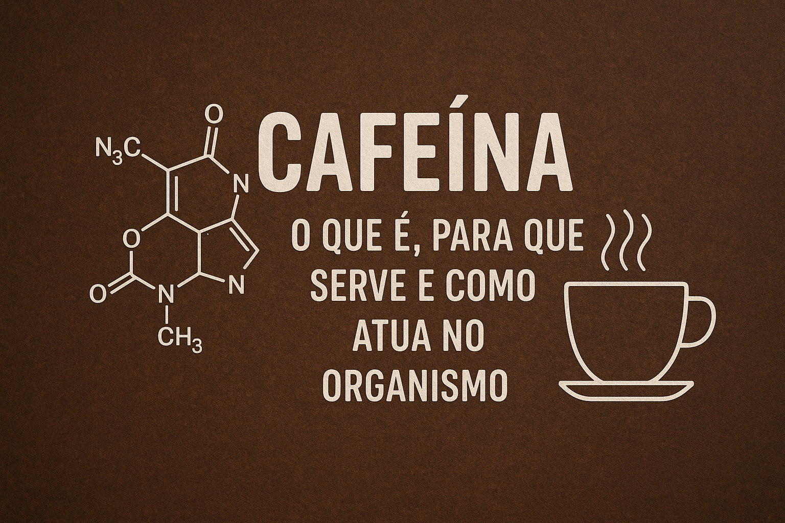 Ilustração sobre cafeína com fundo marrom, destacando a fórmula química da cafeína, uma xícara de café e o título 'Cafeína o que é, para que serve e como atua no organismo