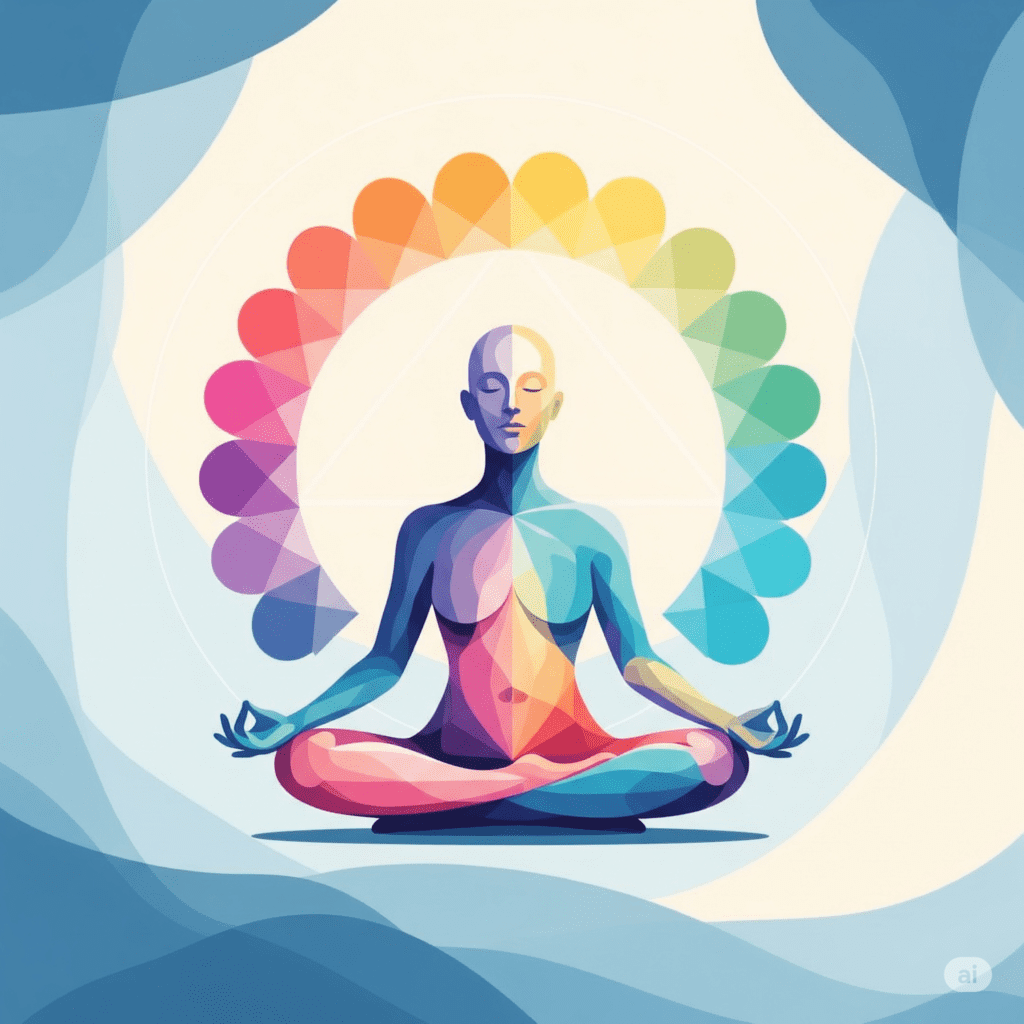  Imagem abstrata com cores suaves representando o equilíbrio e a paz interior promovidos por uma mente positiva.