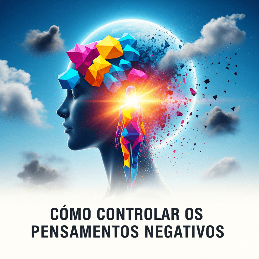 Imagem abstrata com cores vibrantes representando a libertação e o controle dos pensamentos negativos.