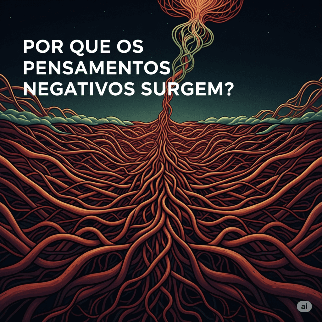Imagem abstrata com tons terrosos e raízes complexas simbolizando as origens e causas dos pensamentos negativos