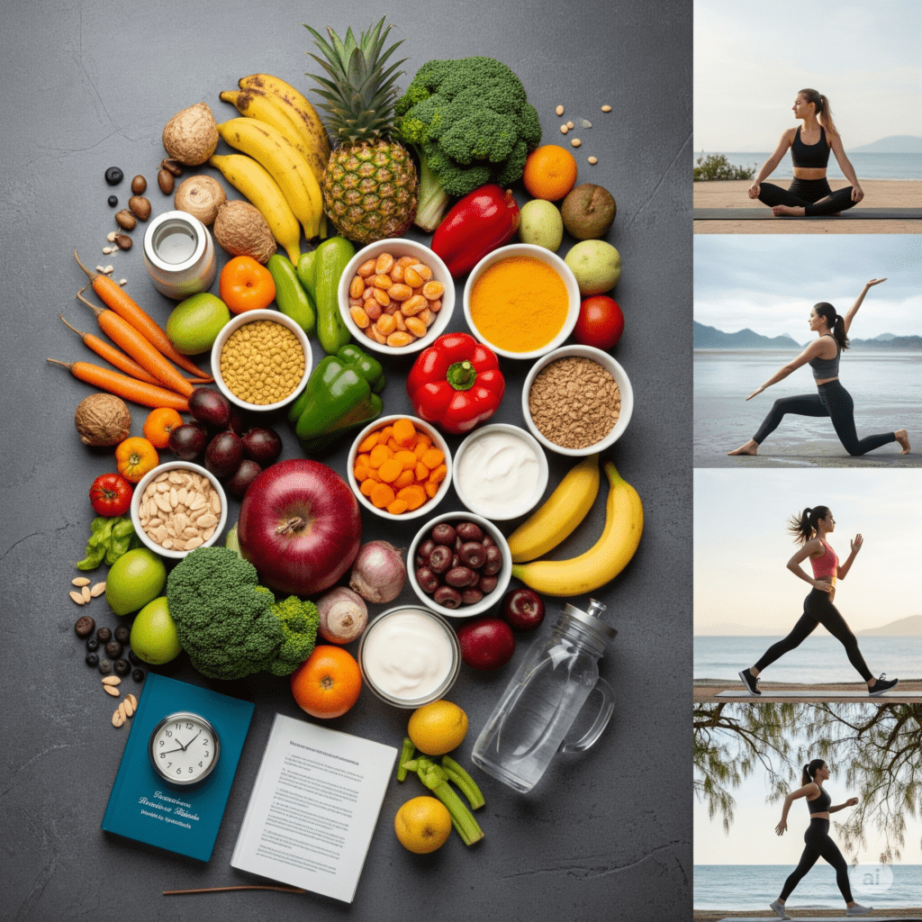 Imagem com alimentos saudáveis, exercícios e hábitos que promovem a saúde digestiva e um intestino equilibrado