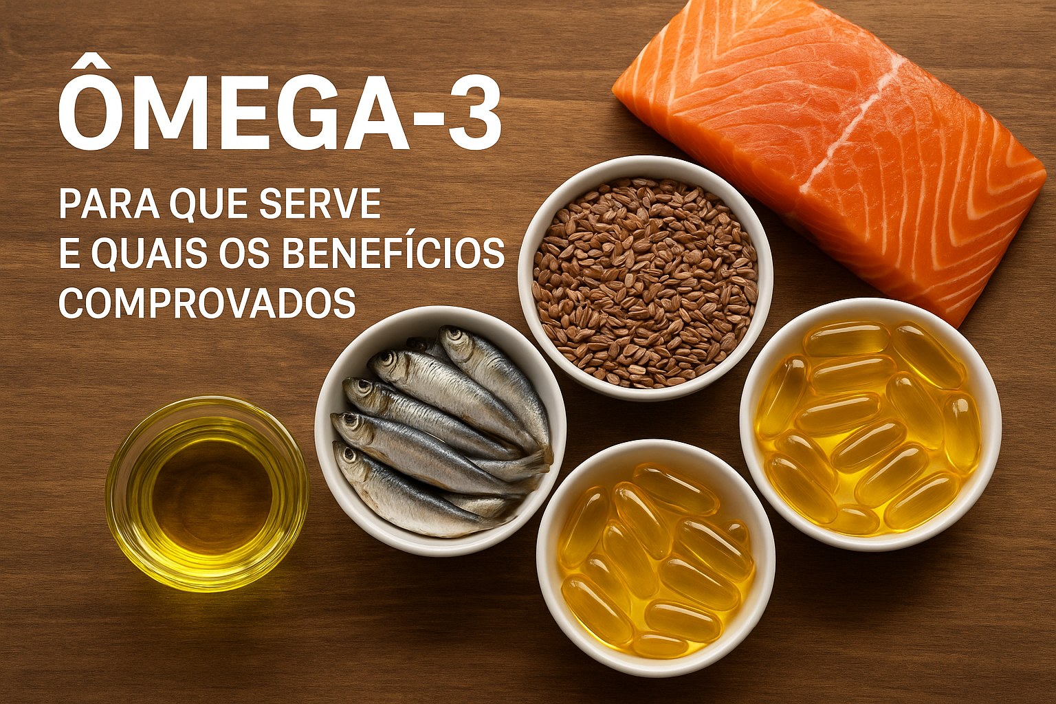 Benefícios do ômega-3 ilustrados com alimentos ricos em EPA e DHA” “Fontes naturais de ômega-3 como salmão e linhaça para uma alimentação saudável”