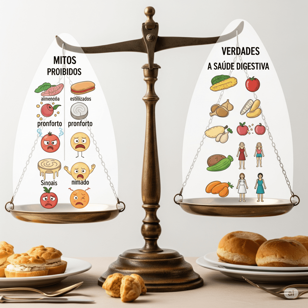 Imagem de uma balança equilibrando símbolos de mitos e verdades sobre a saúde digestiva, desvendando conceitos equivocados.