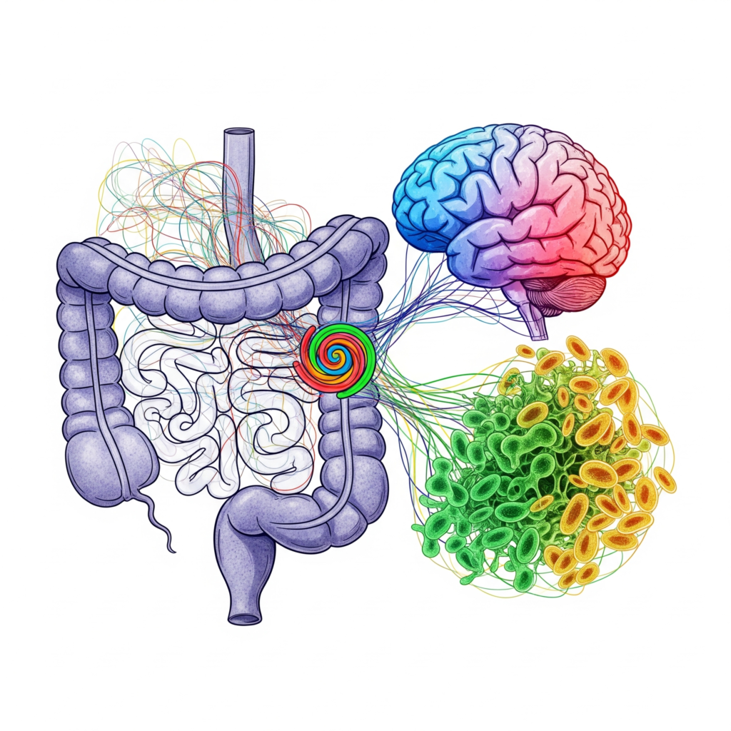 Imagem ilustrando a conexão entre o intestino, o cérebro e o sistema imunológico, destacando a importância da saúde digestiva para o bem-estar geral