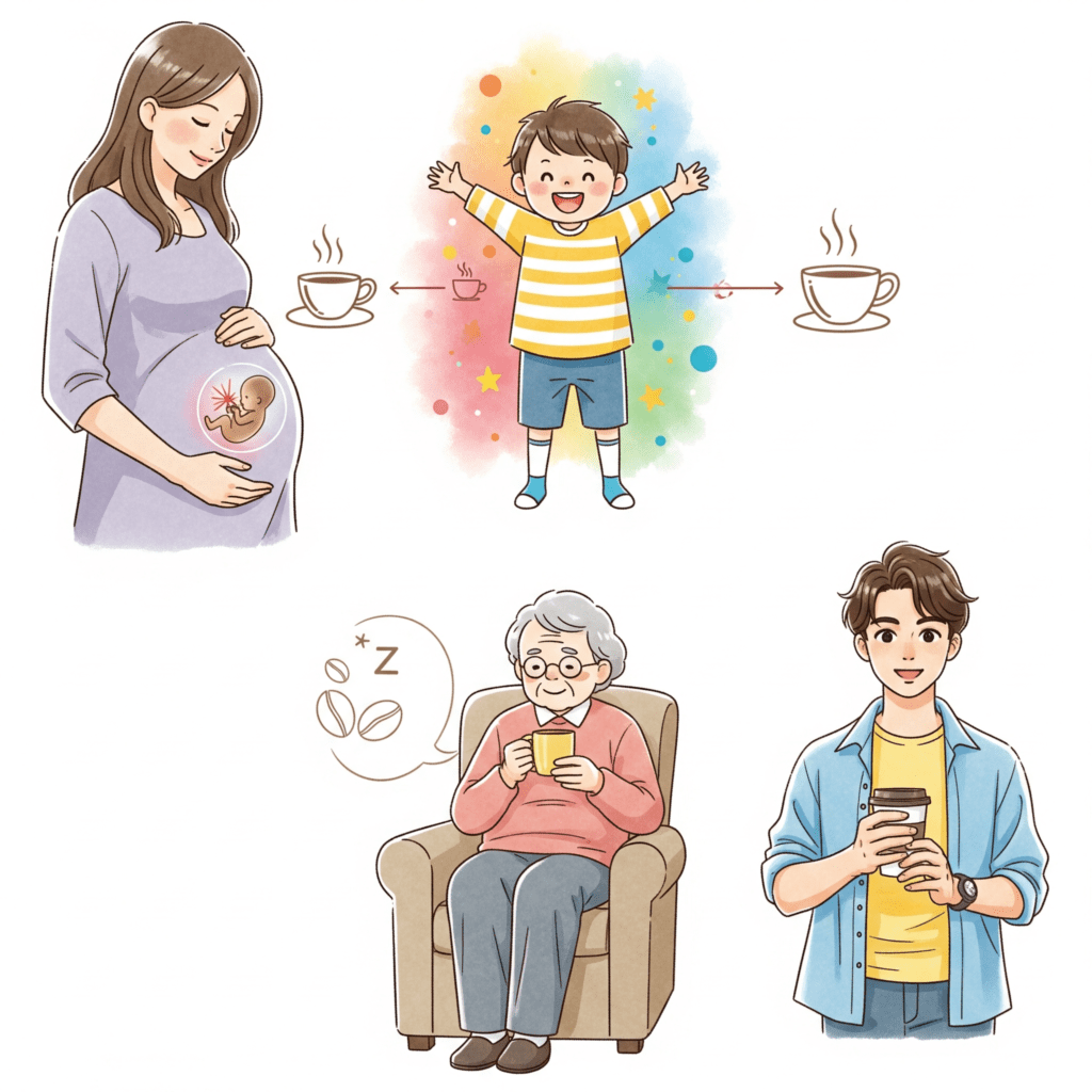 Imagem ilustrando as considerações sobre a cafeína em diferentes fases da vida.
