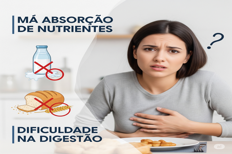  Imagem ilustrando má absorção de nutrientes, com elementos como leite e pão riscados, e uma pessoa com desconforto digestivo