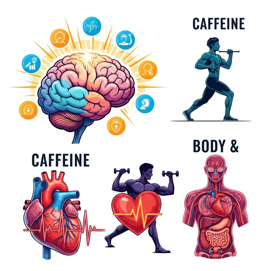 Imagem ilustrando os benefícios comprovados da cafeína para o cérebro, corpo e saúde.