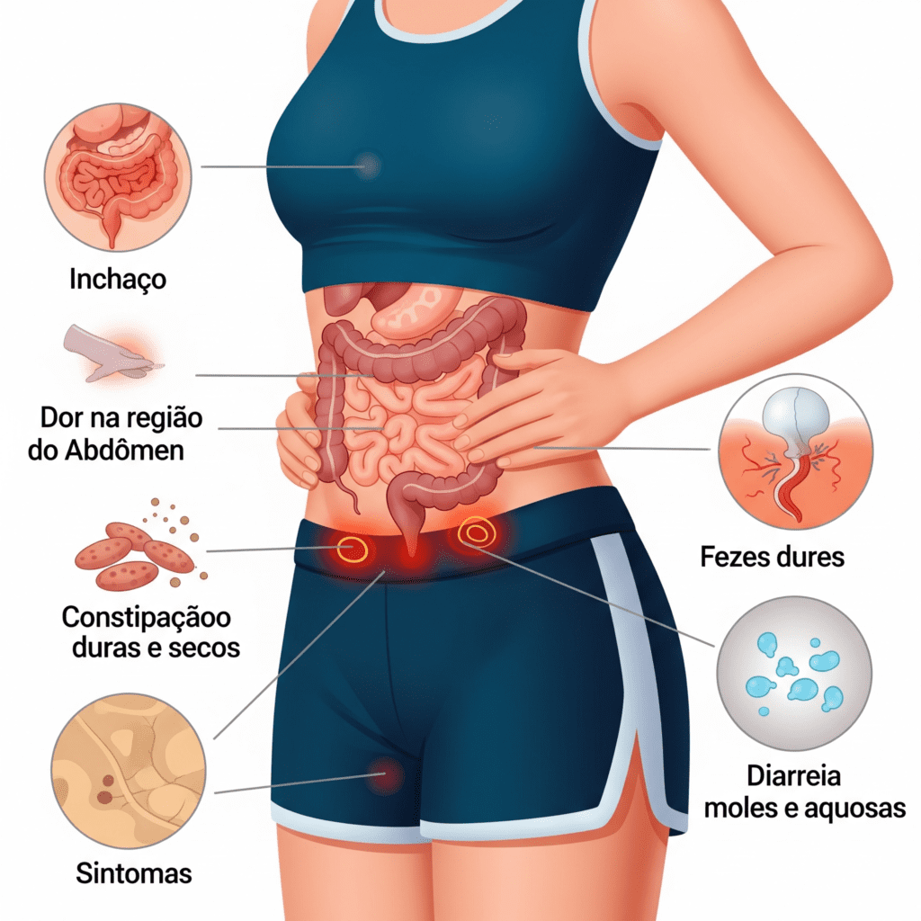 Imagem ilustrando sintomas comuns de problemas de saúde digestiva, como inchaço, dor e constipação