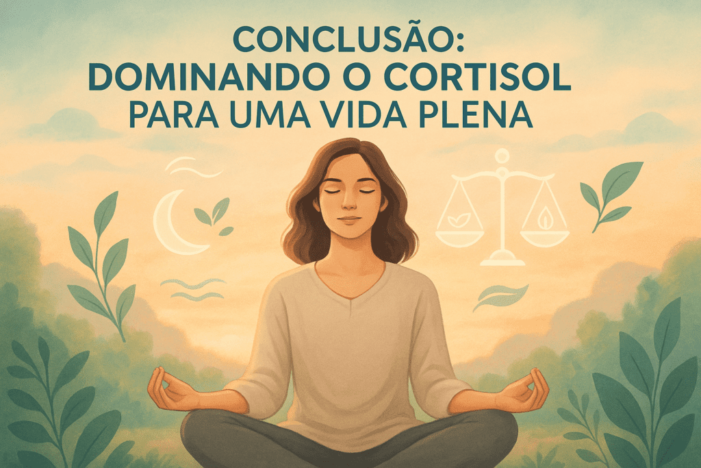 Representação visual de equilíbrio do cortisol: mulher tranquila medita ao pôr do sol, rodeada por símbolos de saúde, harmonia e bem-estar.