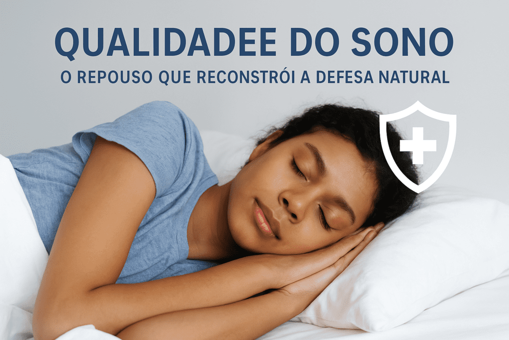Imagem realista de uma mulher dormindo tranquilamente, ilustrando a importância da qualidade do sono para fortalecer o sistema imunológico e a defesa natural do corpo