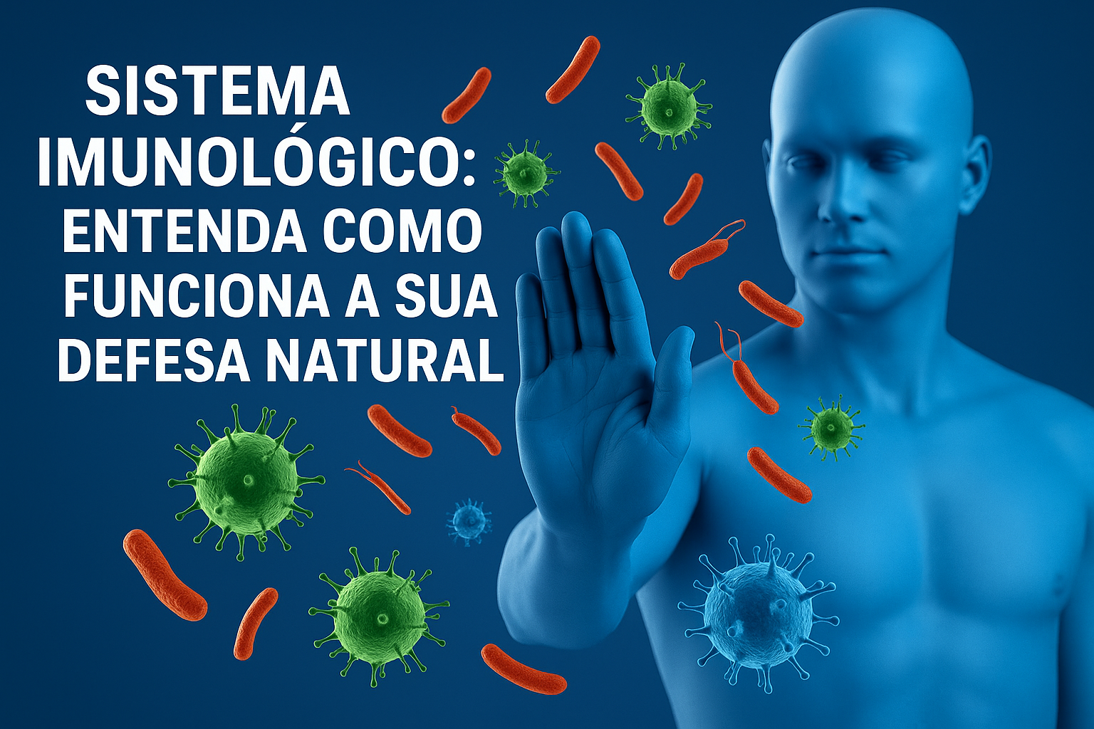 Imagem realista ilustrando o sistema imunológico humano em ação, com células de defesa combatendo vírus e bactérias — entenda como funciona a sua defesa natural.