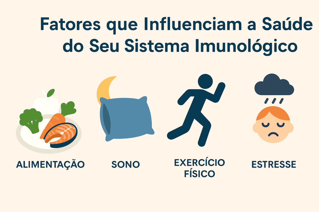 Infográfico em português ilustrando os principais fatores que influenciam a saúde do sistema imunológico alimentação, sono, exercício físico e estresse.