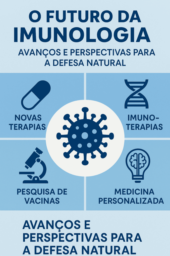 Infográfico sobre o futuro da imunologia com destaque para novas terapias, imunoterapias, pesquisa de vacinas e medicina personalizada — avanços na defesa natural do organismo