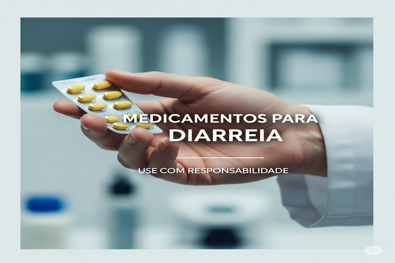  Mão segurando medicamentos para diarreia, com texto Medicamentos para Diarreia e Use com Responsabilidade, enfatizando o uso consciente