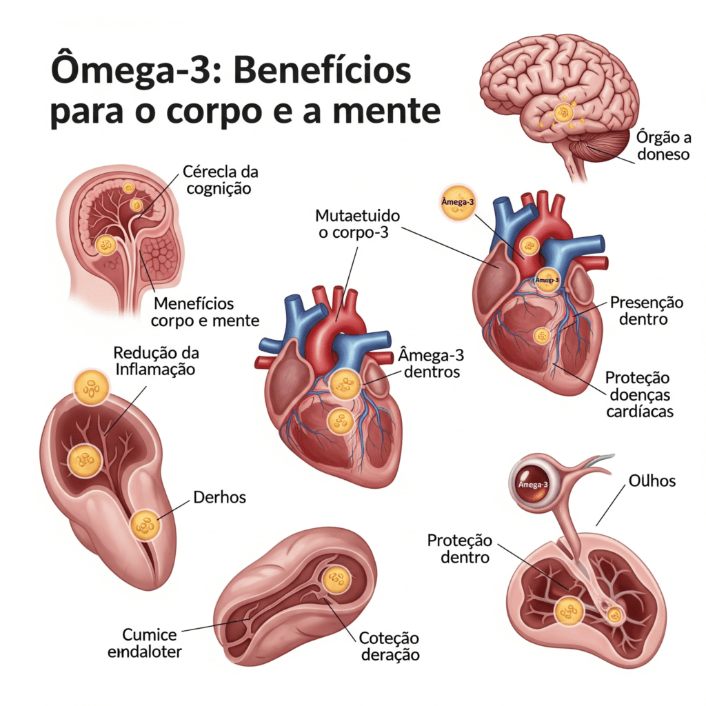 Ilustração detalhada dos benefícios do Ômega-3 para o corpo e mente, mostrando cérebro, coração e olhos com destaque para saúde cognitiva, cardiovascular e ocular
