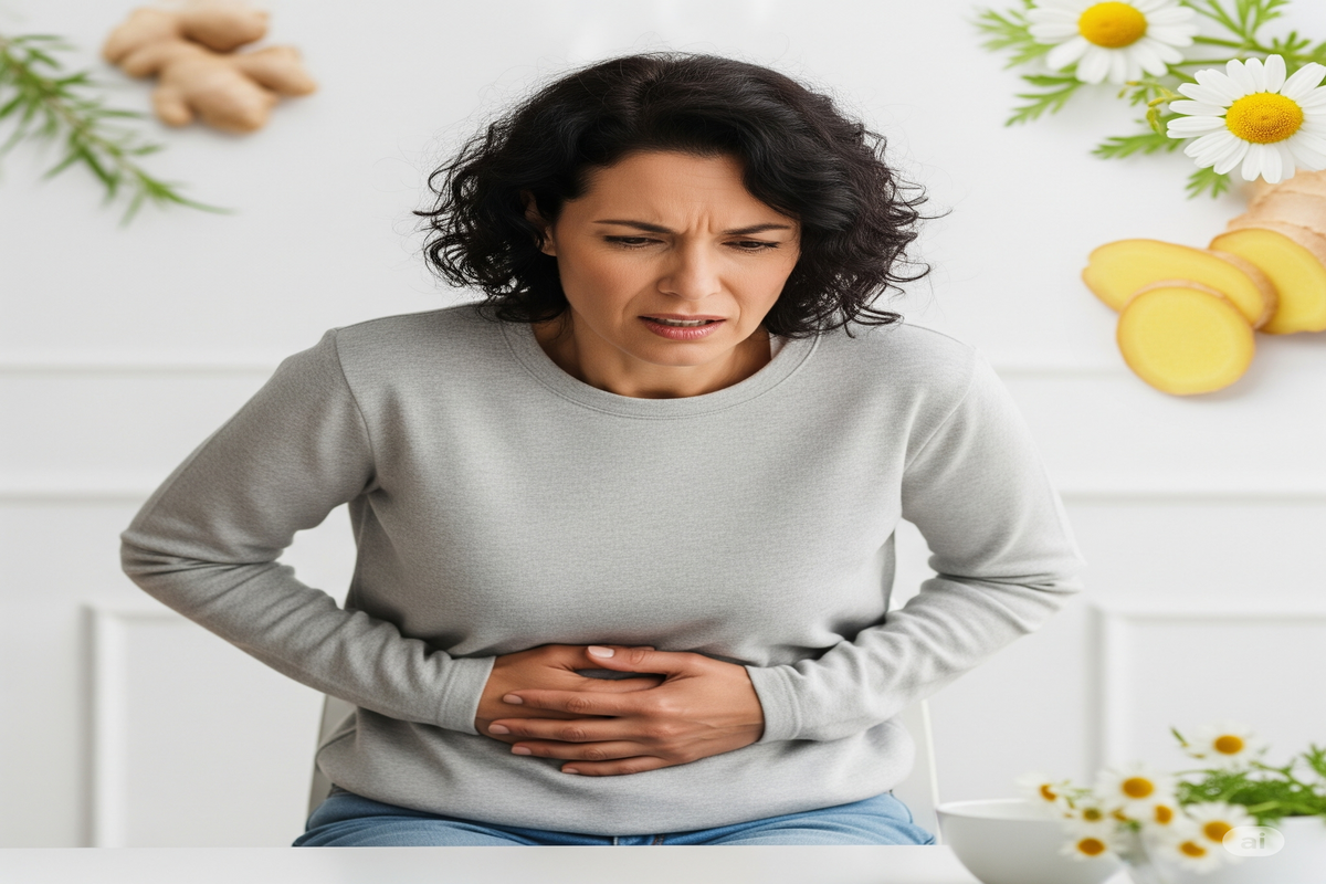 Mulher com dor de estômago, segurando a barriga, ilustrando desconforto abdominal e diarreia