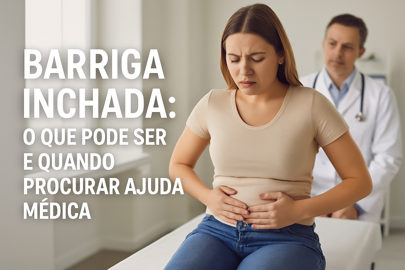 Mulher com expressão de desconforto segurando a barriga inchada durante consulta médica, representando sintomas e causas comuns da distensão abdominal.