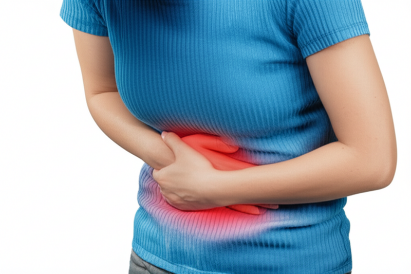 Mulher com expressão de dor abdominal, segurando a barriga, representando um dos principais sintomas da diarreia