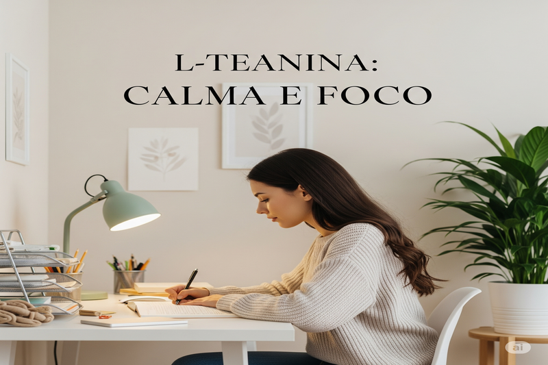 Mulher focada e calma estudando em uma mesa, com o texto 'L-Teanina Calma e Foco