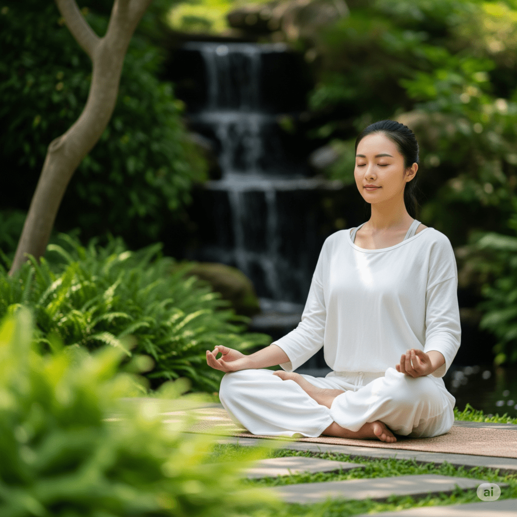 Mulher meditando em um ambiente tranquilo, representando estratégias para saúde mental e bem-estar.